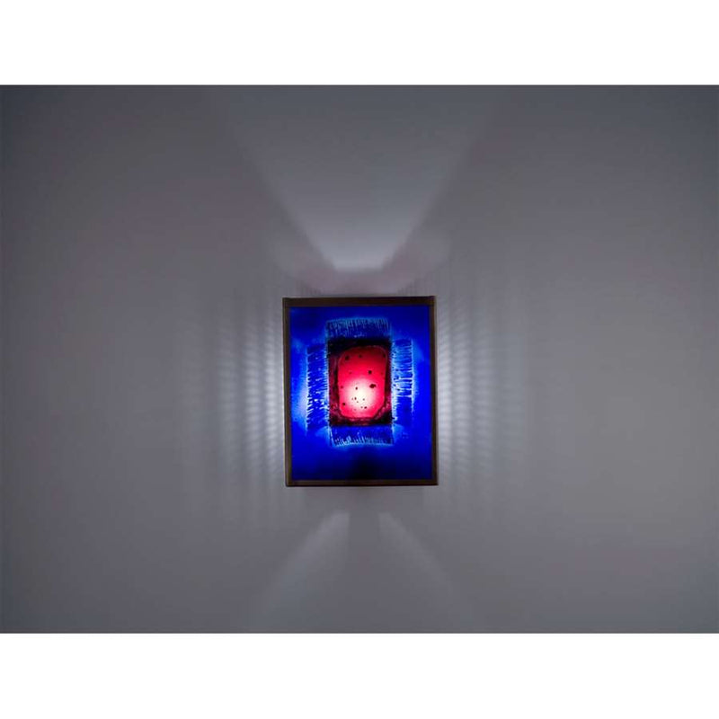 WPT Design FN 2 8in 1-Light Wall Sconce | Silver Steel and Red Window Blue Art Glass | Hallway & Bedroom | 8 x 4 x 10 in | Model FN2-SV-RWB-I