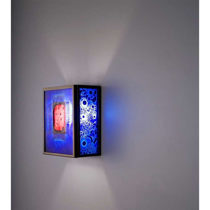 WPT Design FN 3 Bronze 1-Light Wall Sconce | Bronze Steel and Red Window Blue Glass | Hallway & Bedroom Accent | 8 x 4 x 10 in | Model FN3-BZ-RWB-I