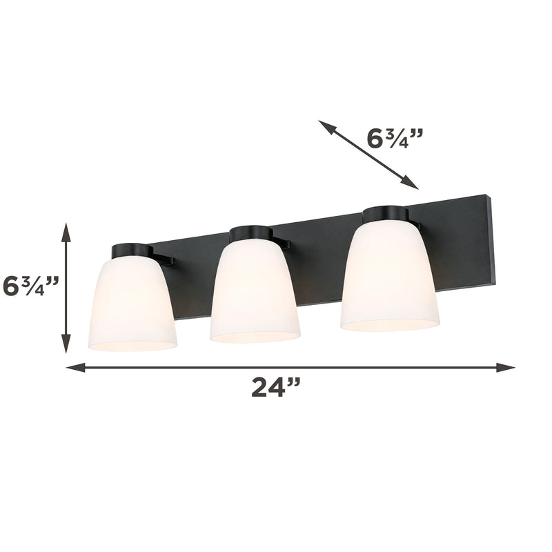 AFX Colleen 24in 3-Light Vanity Light | Transitional Matte Black and White Glass | Bathroom & Powder Room | 24 x 6.75 x 6.75 in | Model CEEV2406MBBK