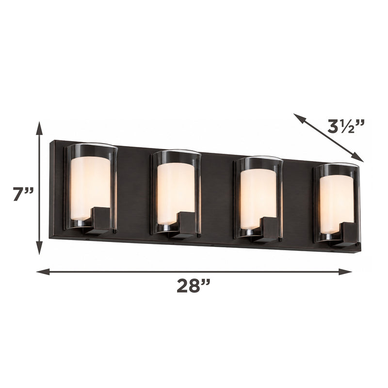 AFX Mesa 28in 4-Light LED Vanity Light | Transitional Bronze and Clear Glass | Bathroom & Powder Room | 28 x 3.5 x 6.75 in | Model MSAV2807LAJUDBZ