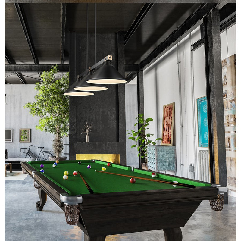 Z-Lite Bronte 3 Light 52.75" Billiard, Black/Rubbed Brass/Black
