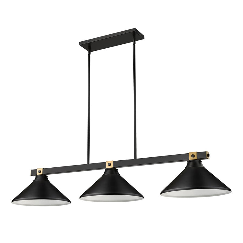 Z-Lite Bronte 3 Light 52.75" Billiard, Black/Rubbed Brass/Black