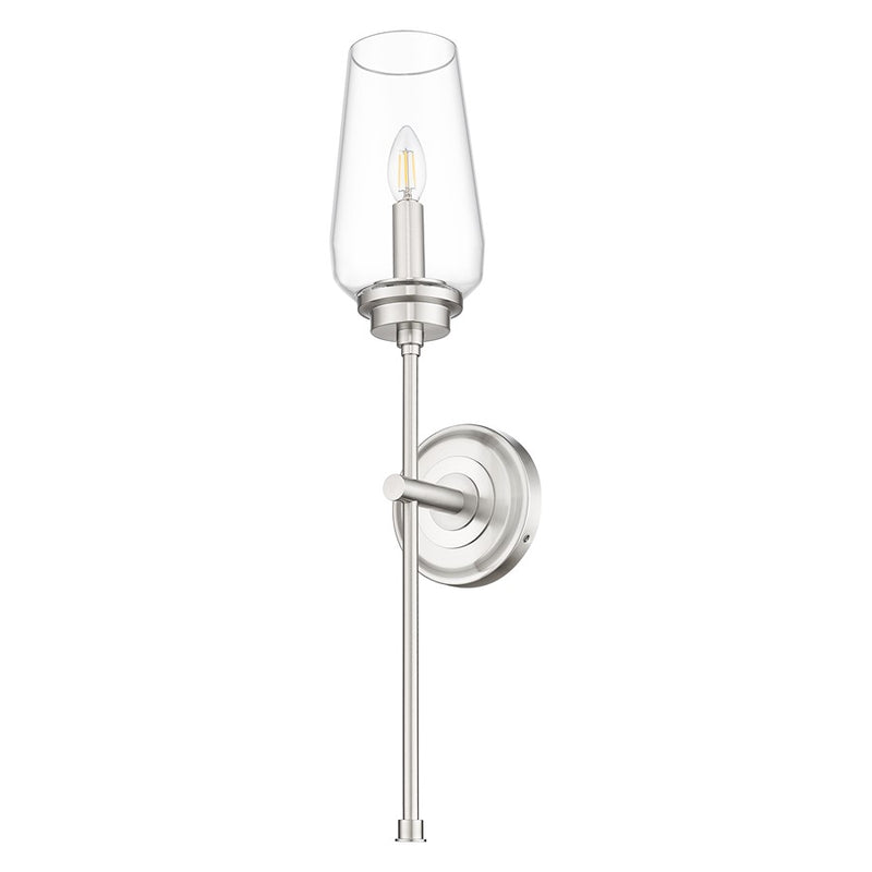 Z-Lite Clara 1 Light Wall Sconce, Brushed Nickel/Clear
