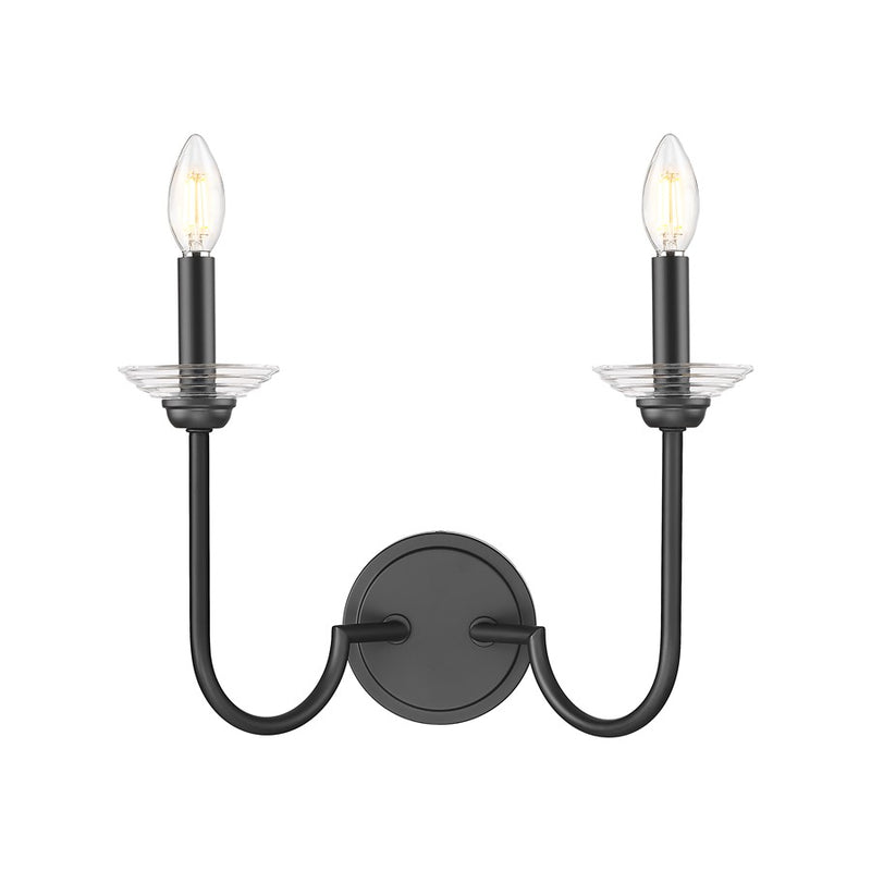 Z-Lite Allistair 2 Light Wall Sconce, Matte Black/Clear Ribbed