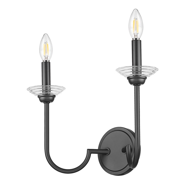 Z-Lite Allistair 2 Light Wall Sconce, Matte Black/Clear Ribbed
