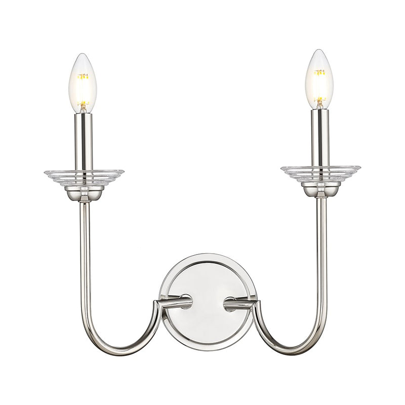 Z-Lite Allistair 2 Light Wall Sconce, Polished Nickel/Clear Ribbed