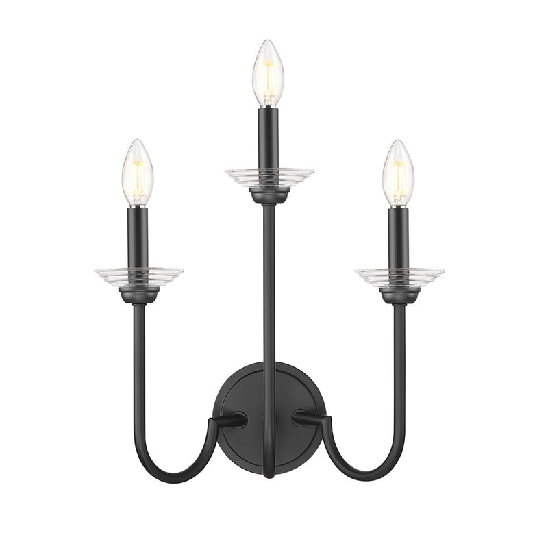 Z-Lite Allistair 3 Light Wall Sconce, Matte Black/Clear Ribbed