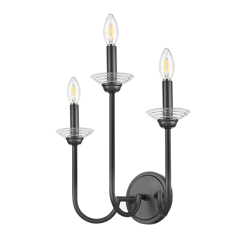 Z-Lite Allistair 3 Light Wall Sconce, Matte Black/Clear Ribbed