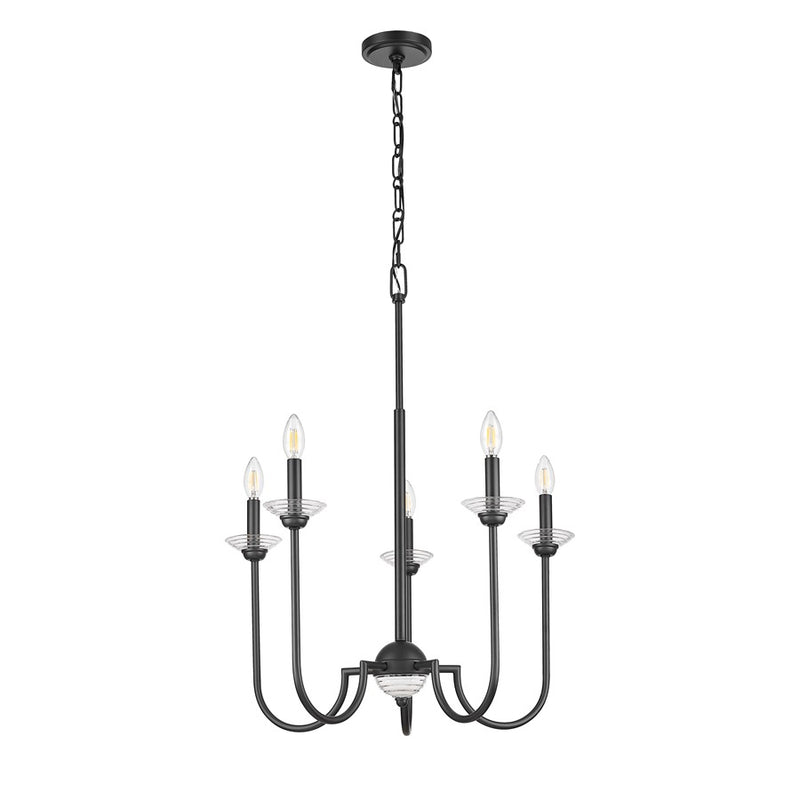 Z-Lite Allistair 5 Light Chandelier, Matte Black/Clear Ribbed