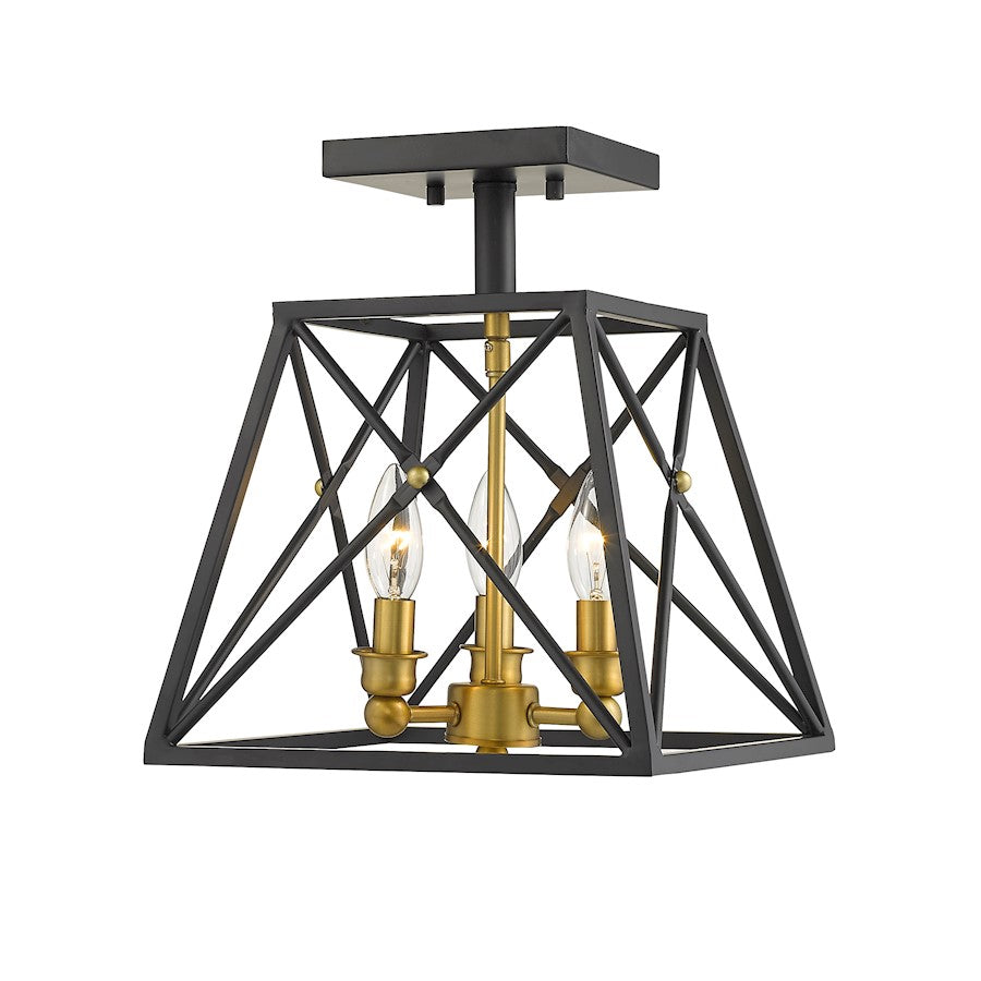 Z-Lite Trestle 3 Light Semi Flush Mount, Matte Black/Olde Brass - 447SF-MB-OBR