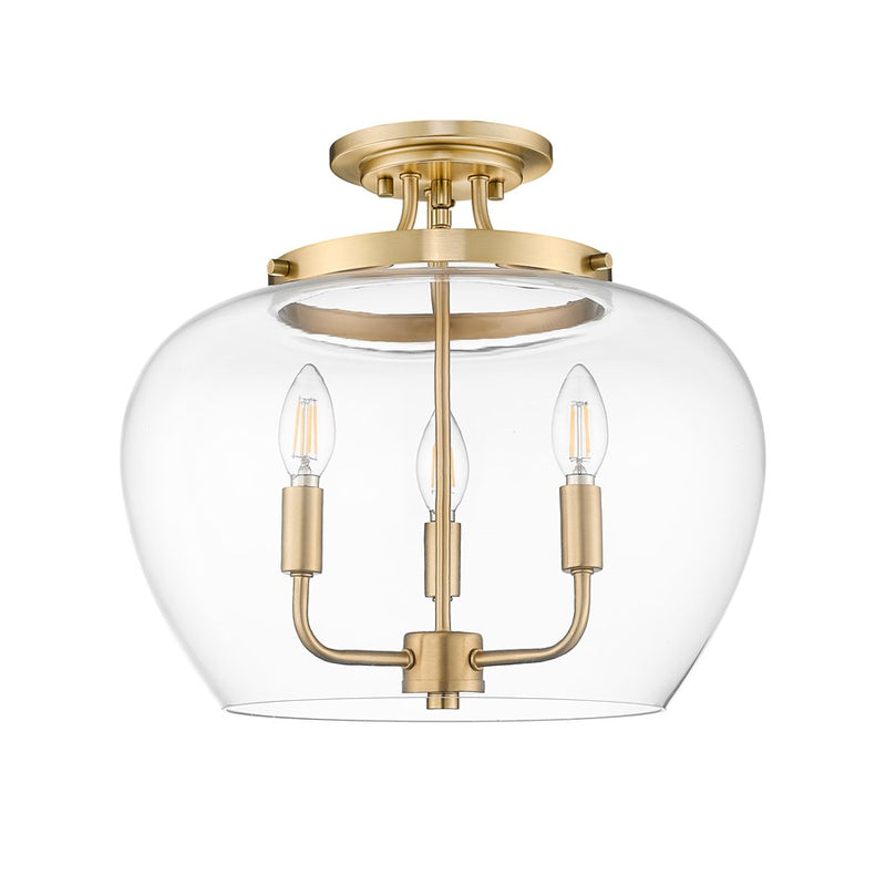 Z-Lite Joliet 3 Light Semi Flush Mount, Burnished Brass/Clear