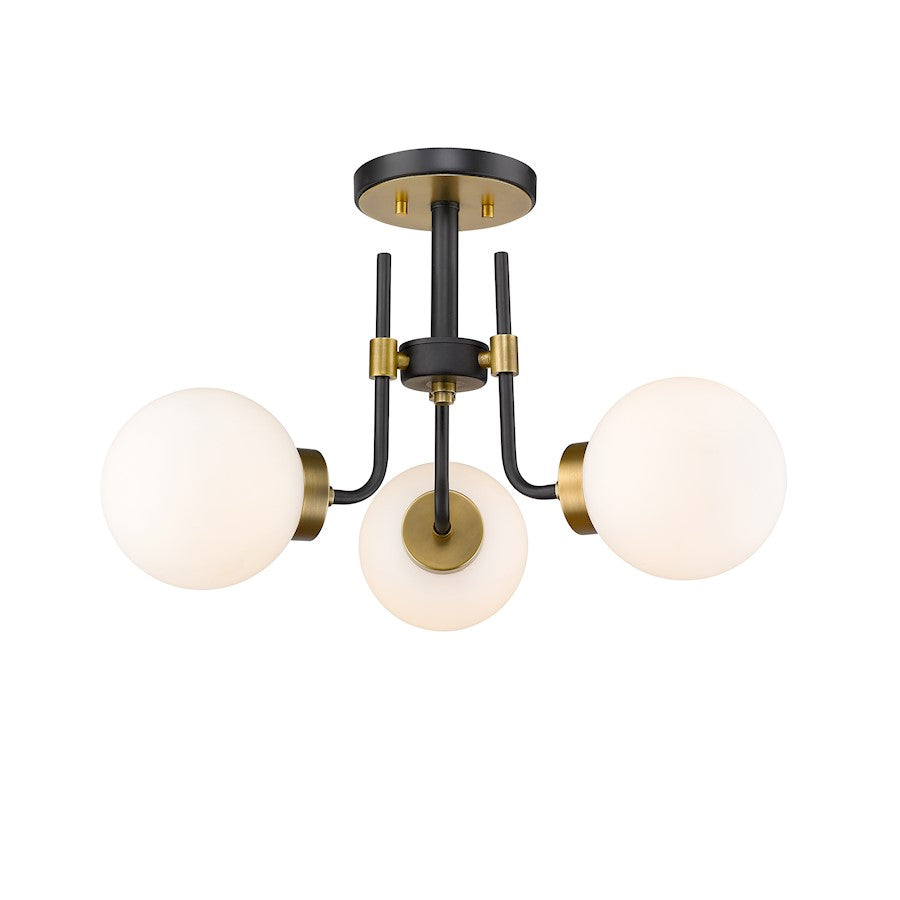 Z-Lite Parsons 3 Light 14" Semi Flush, Black/Olde Brass, Opal - 477-3SF-MB-OBR