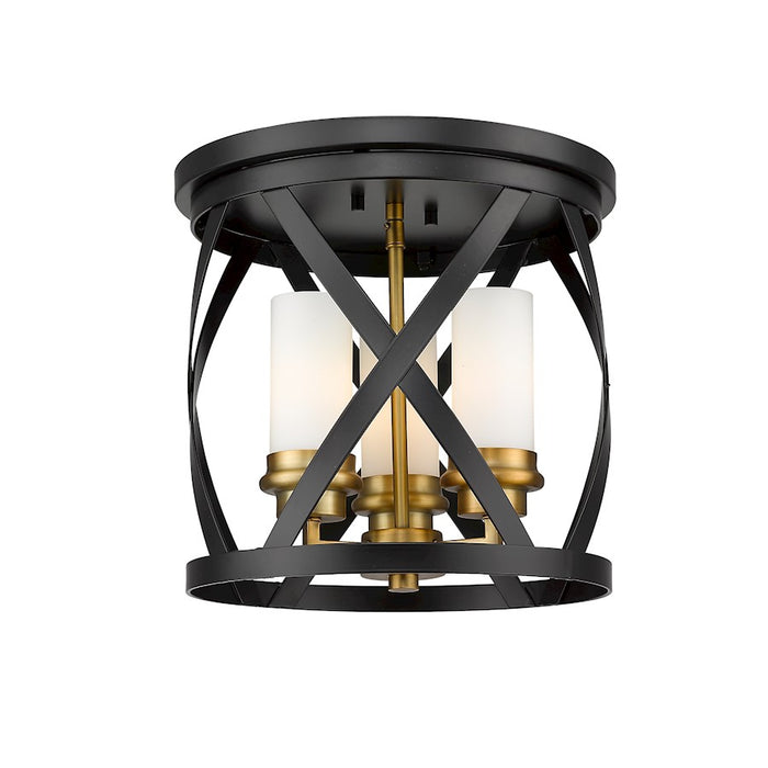 Z-Lite Malcalester 3 Light 12" Flush, Black/Olde Brass/White