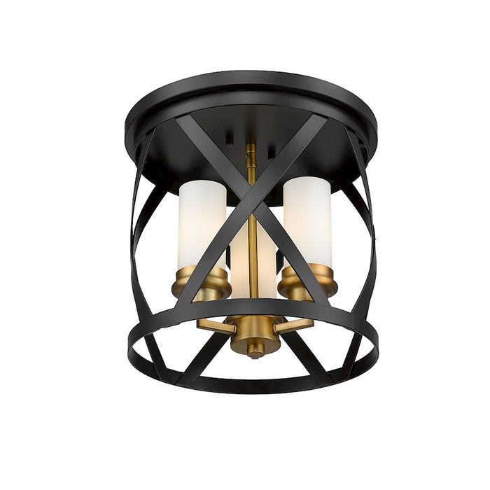 Z-Lite Malcalester 3 Light 12" Flush, Black/Olde Brass/White