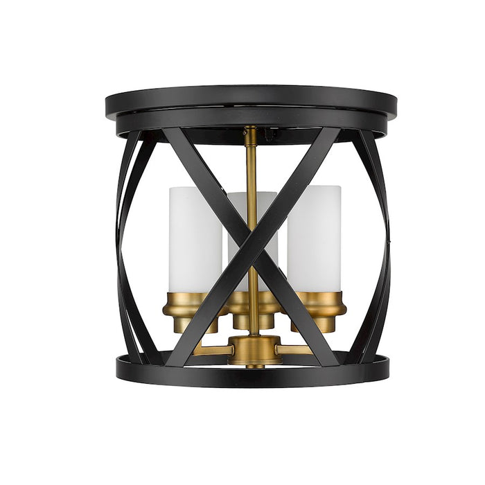 Z-Lite Malcalester 3 Light 12" Flush, Black/Olde Brass/White