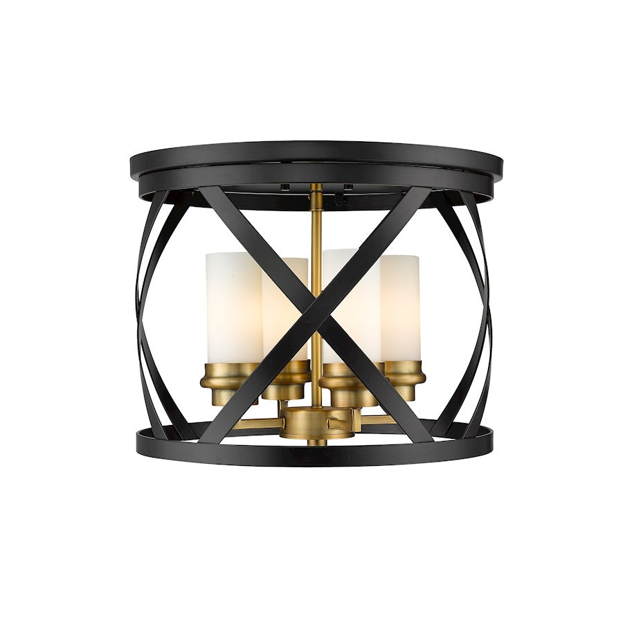 Z-Lite Malcalester 4 Light 12" Flush, Black/Olde Brass, Whte - 481F16-MB-OBR