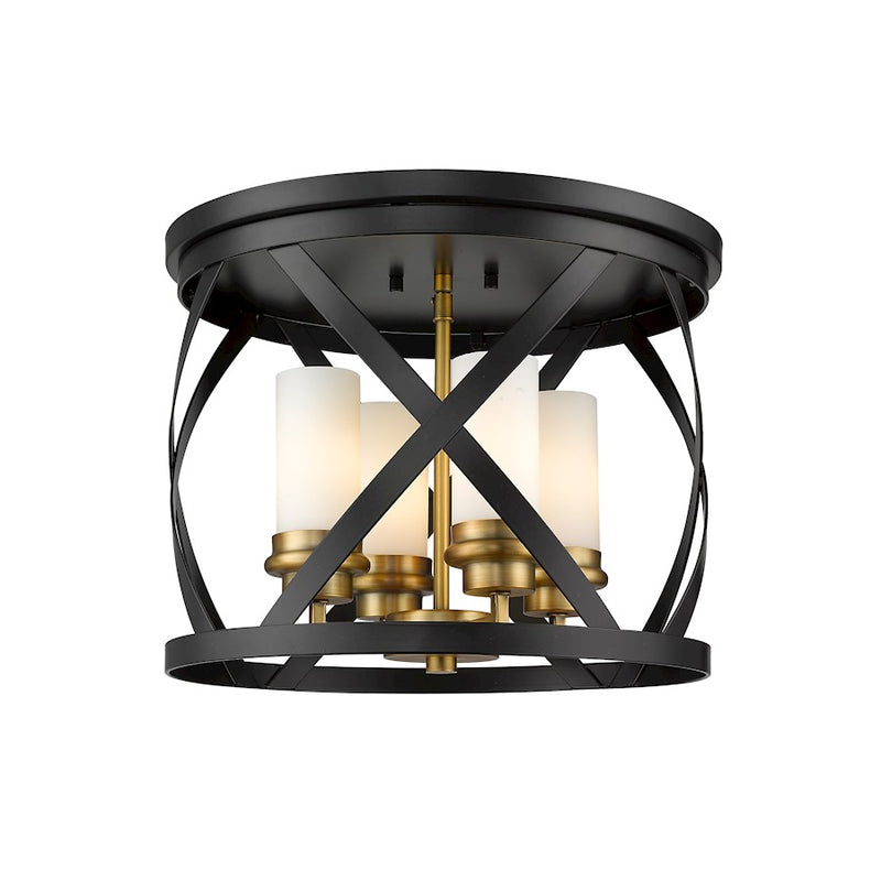 Z-Lite Malcalester 4 Light 12" Flush, Black/Olde Brass/White