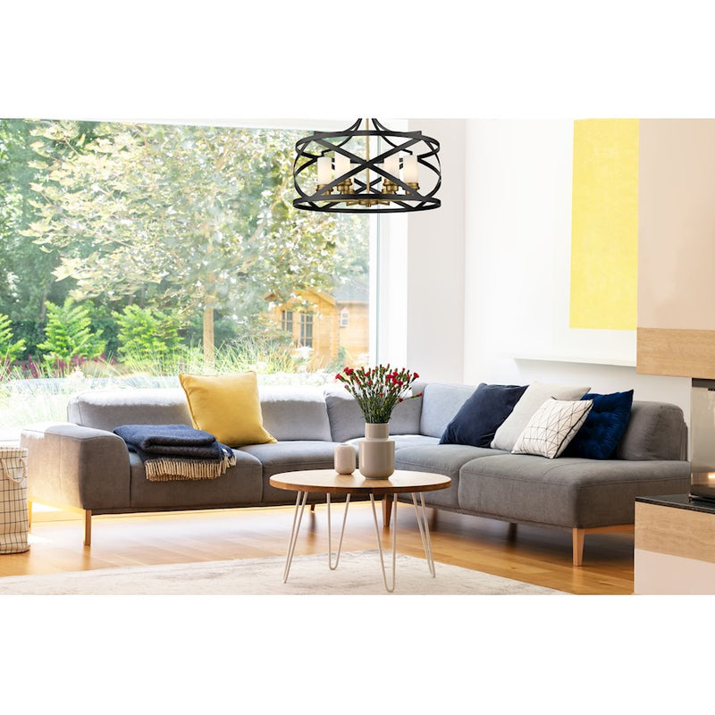 Z-Lite Malcalester 6 Light 21" Pendant, Matte Black/Olde Brass/White