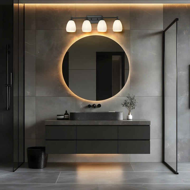Z-Lite Oren 4 Light Vanity, Matte Black/Matte Opal