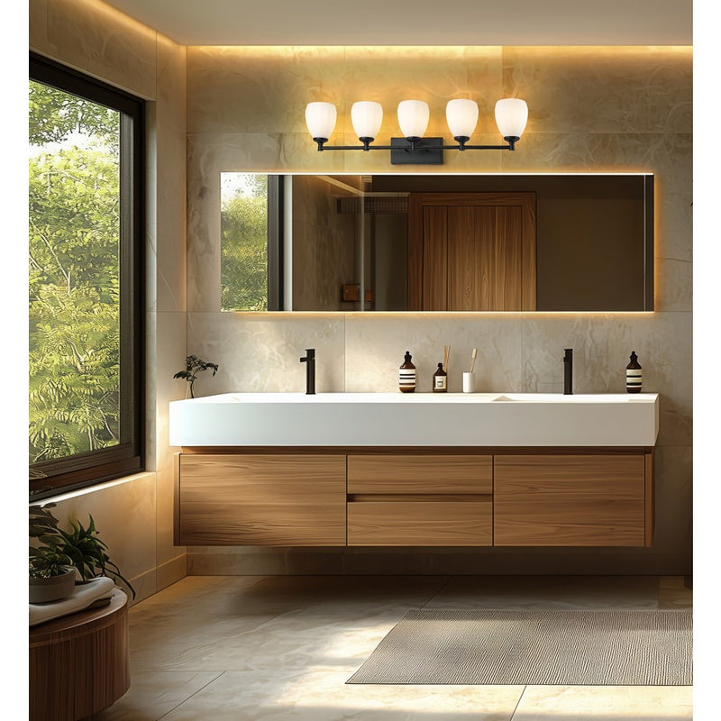 Z-Lite Oren 5 Light Vanity, Matte Black/Matte Opal