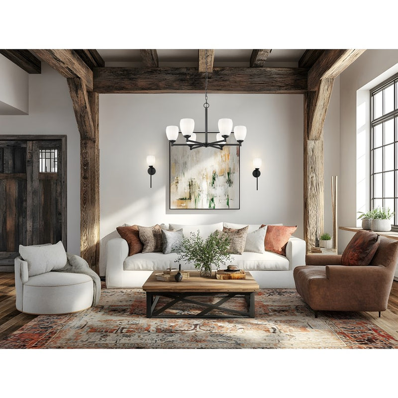 Z-Lite Oren 6 Light Chandelier, Matte Black/Matte Opal