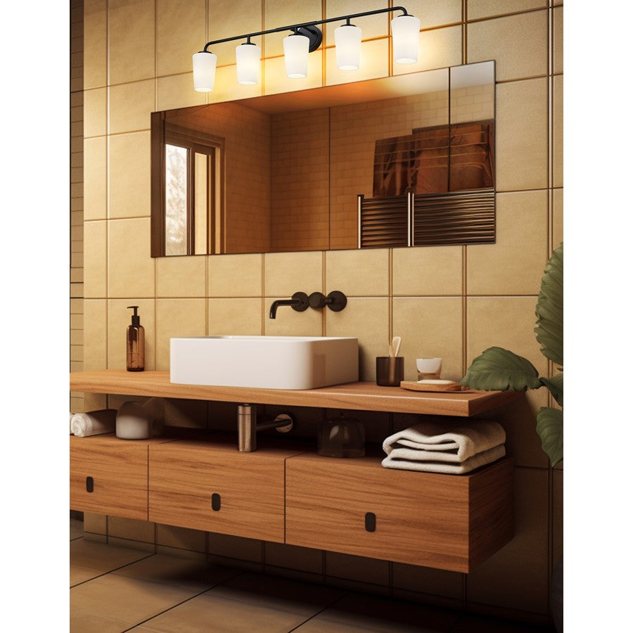 Z-Lite Montford 5 Light Vanity, Matte Black/Matte Opal