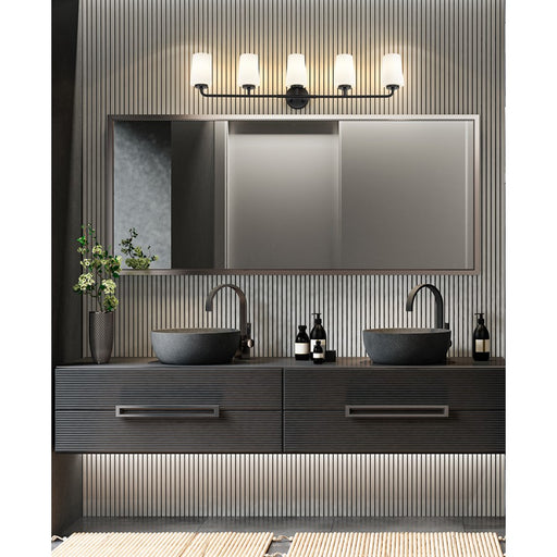 Z-Lite Montford 5 Light Vanity, Matte Black/Matte Opal