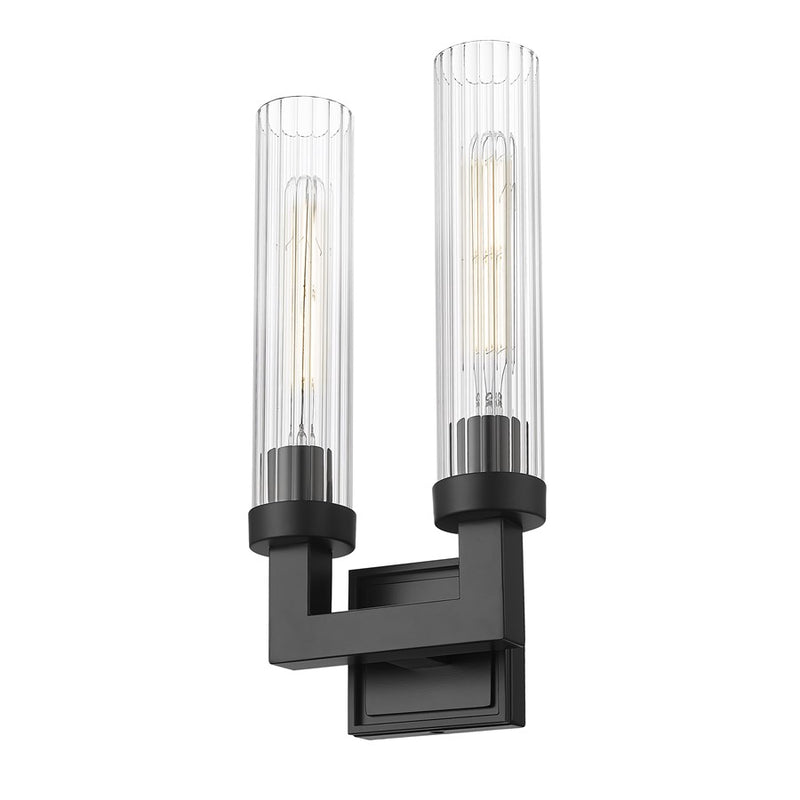 Z-Lite Beau 2 Light 17" Wall Sconce, Matte Black/Clear Ribbed