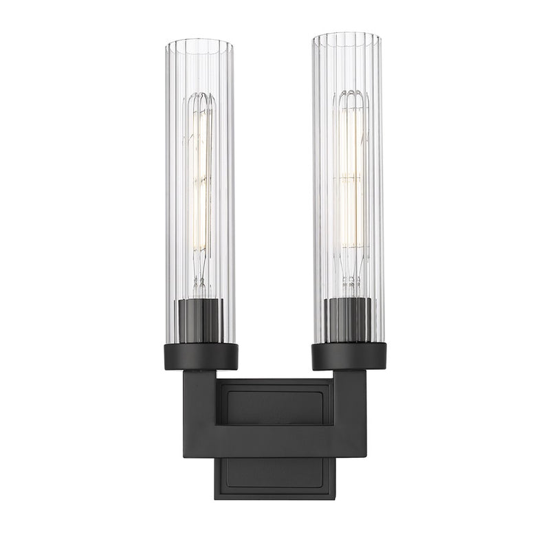 Z-Lite Beau 2 Light 17" Wall Sconce, Matte Black/Clear Ribbed