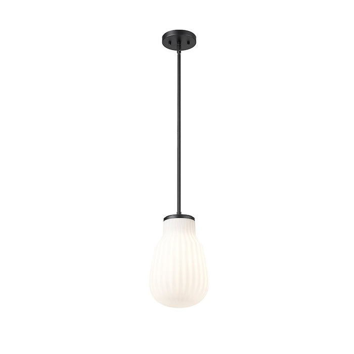 Z-Lite Newbury 1 Light 8" Pendant, Matte Black/White Opal