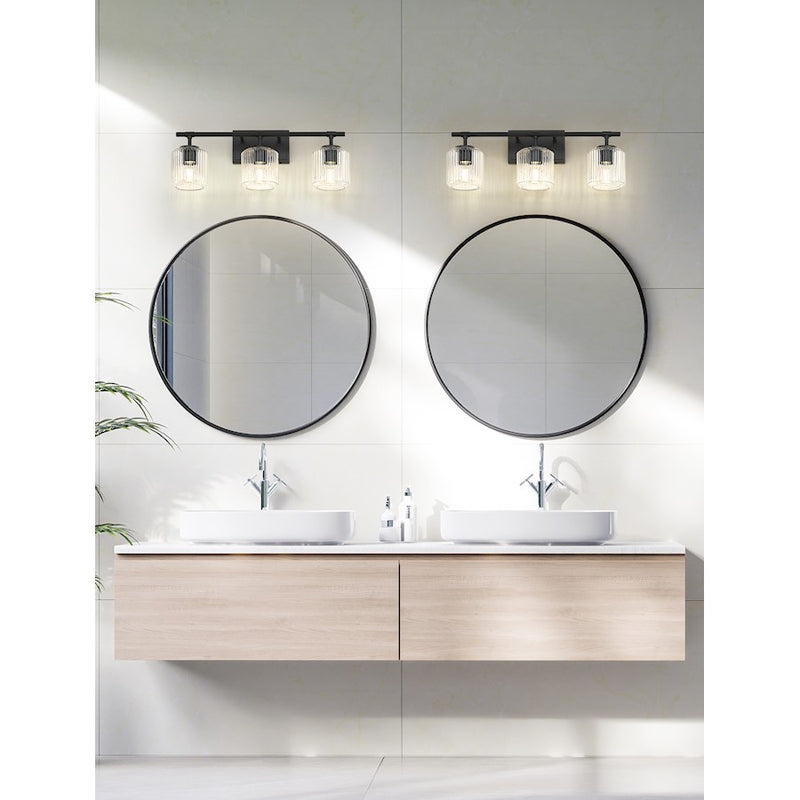 Z-Lite Landon 3 Light Vanity, Matte Black/Clear Ribbed
