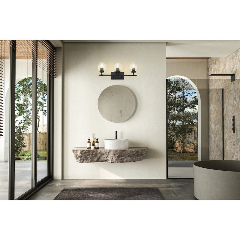 Z-Lite Landon 3 Light Vanity, Matte Black/Clear Ribbed