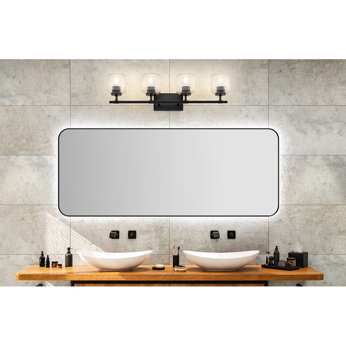 Z-Lite Landon 4 Light Vanity, Matte Black/Clear Ribbed