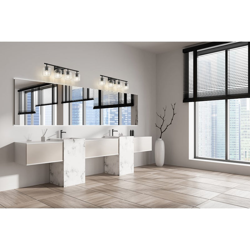 Z-Lite Landon 4 Light Vanity, Matte Black/Clear Ribbed