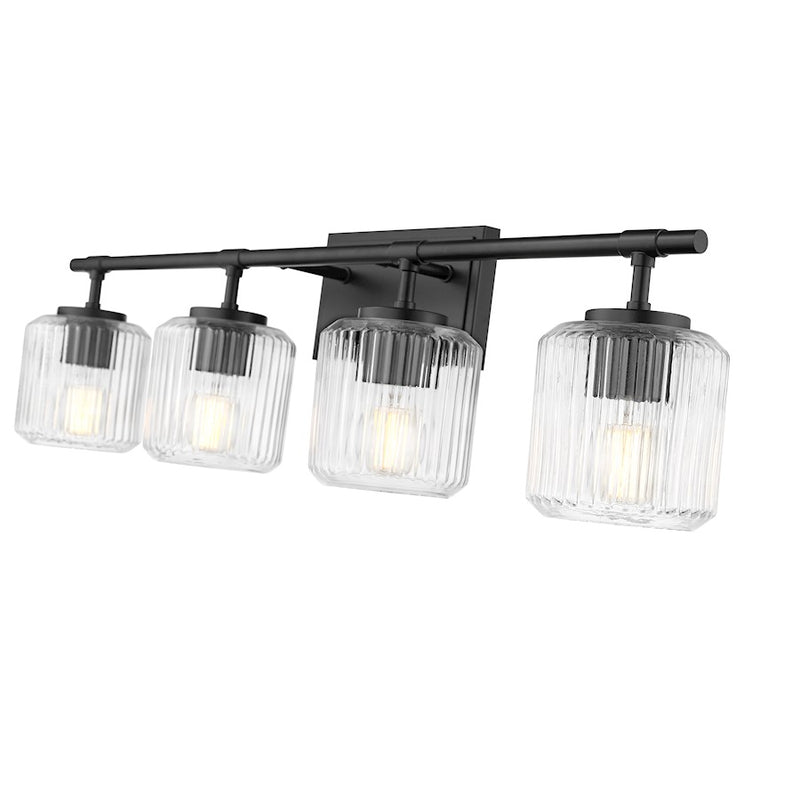 Z-Lite Landon 4 Light Vanity, Matte Black/Clear Ribbed