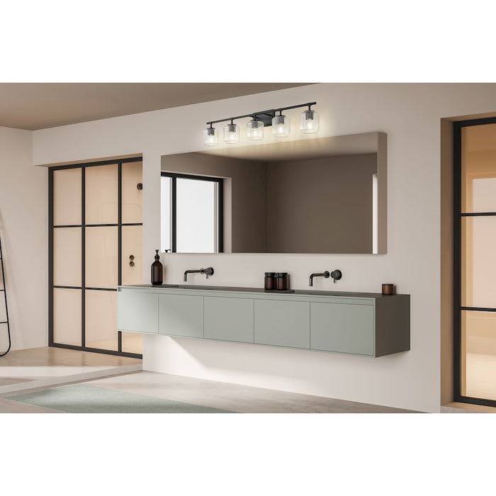 Z-Lite Landon 5 Light Vanity, Matte Black/Clear Ribbed