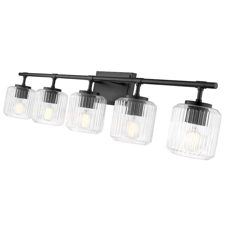 Z-Lite Landon 5 Light Vanity, Matte Black/Clear Ribbed