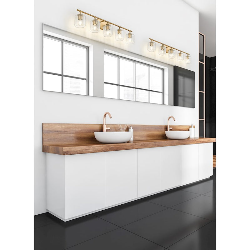 Z-Lite Landon 5 Light Vanity, Modern Gold/Clear Ribbed