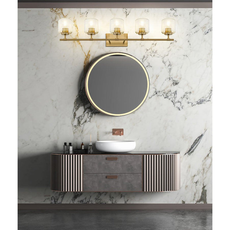Z-Lite Landon 5 Light Vanity, Modern Gold/Clear Ribbed