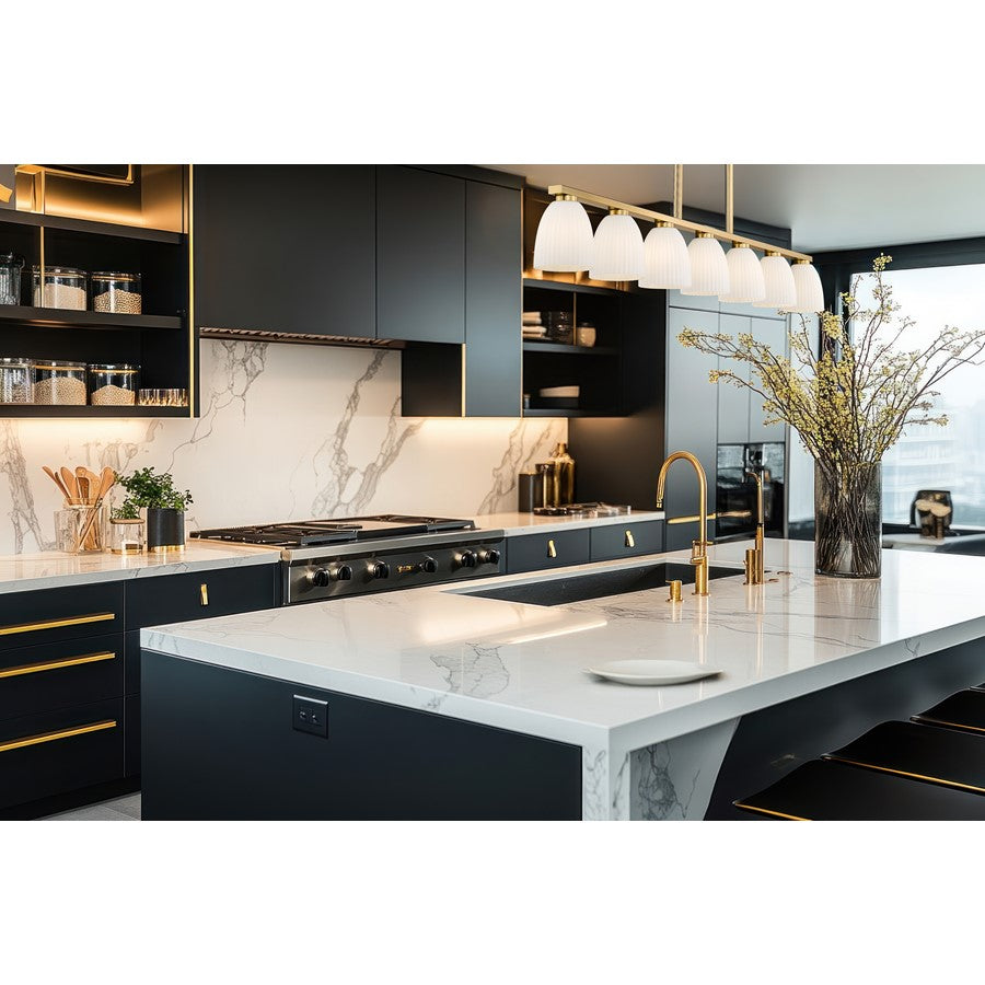 Z-Lite Naya 7 Light Linear Chandelier, Modern Gold/Matte Opal