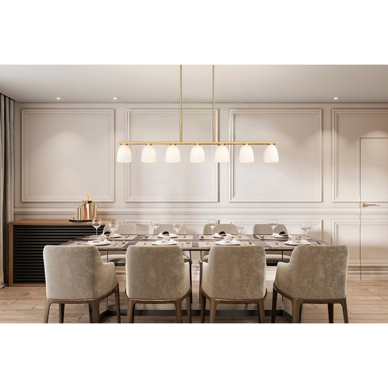 Z-Lite Naya 7 Light Linear Chandelier, Modern Gold/Matte Opal