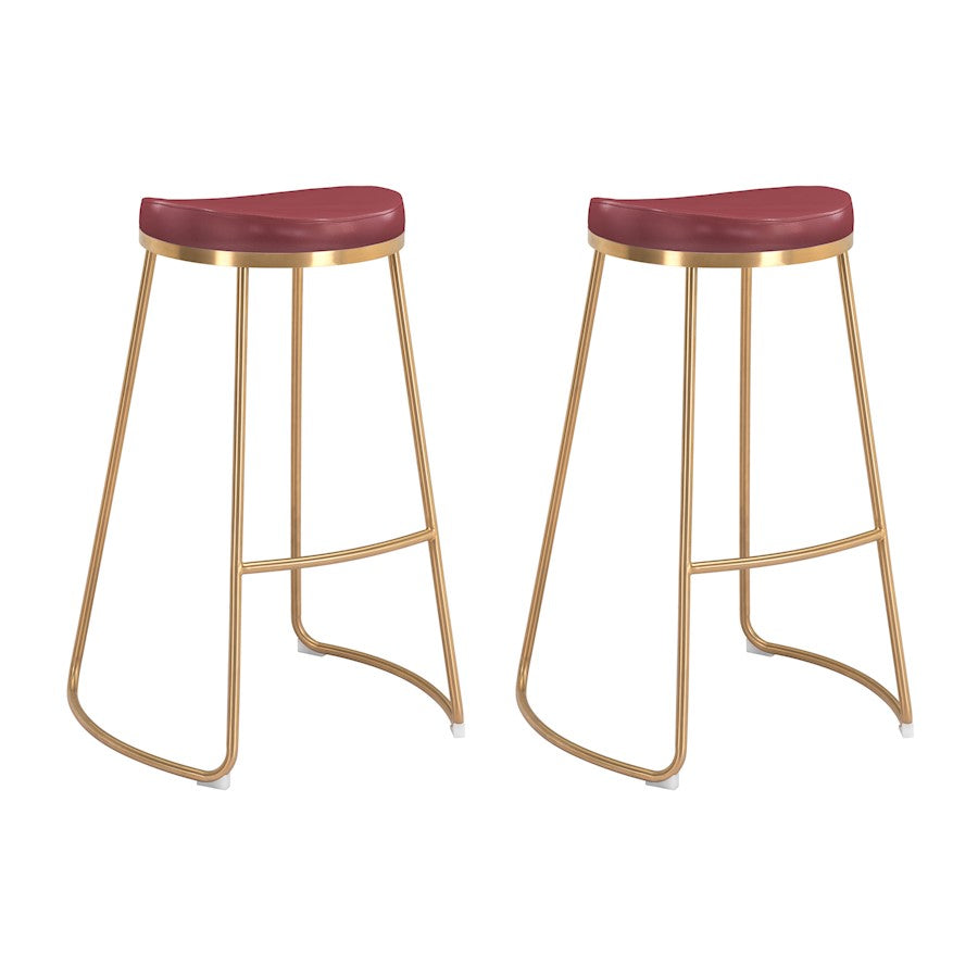 Zuo Modern Bree BarStool Set of 2, Burgundy/Gold - 101264