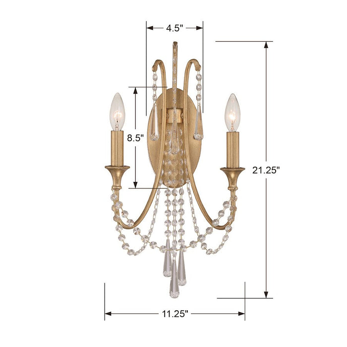 Crystorama Arcadia 2 Light Wall Mount, Antique Gold