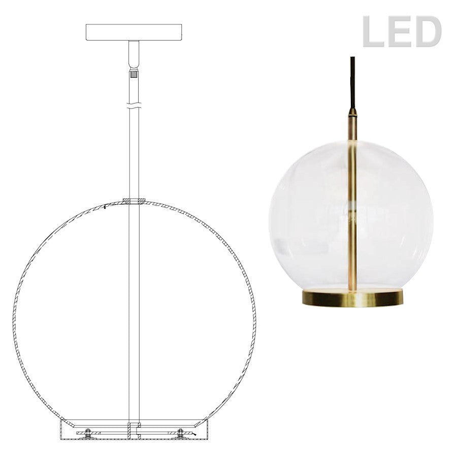 Dainolite Picotas 1 Light 15W Pendant, Aged Brass/Clear - PTS-1215LEDP-AGB