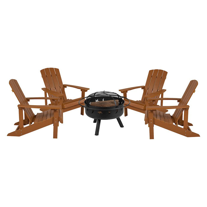 Flash Charlestown 5 PC Adirondack/Fire Pit, Teak - JJ-C145014-32D-TEAK-GG