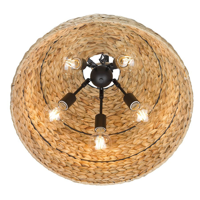 Golden Lighting Rue 5 Light Pendant, Black/Woven Sweet Grass