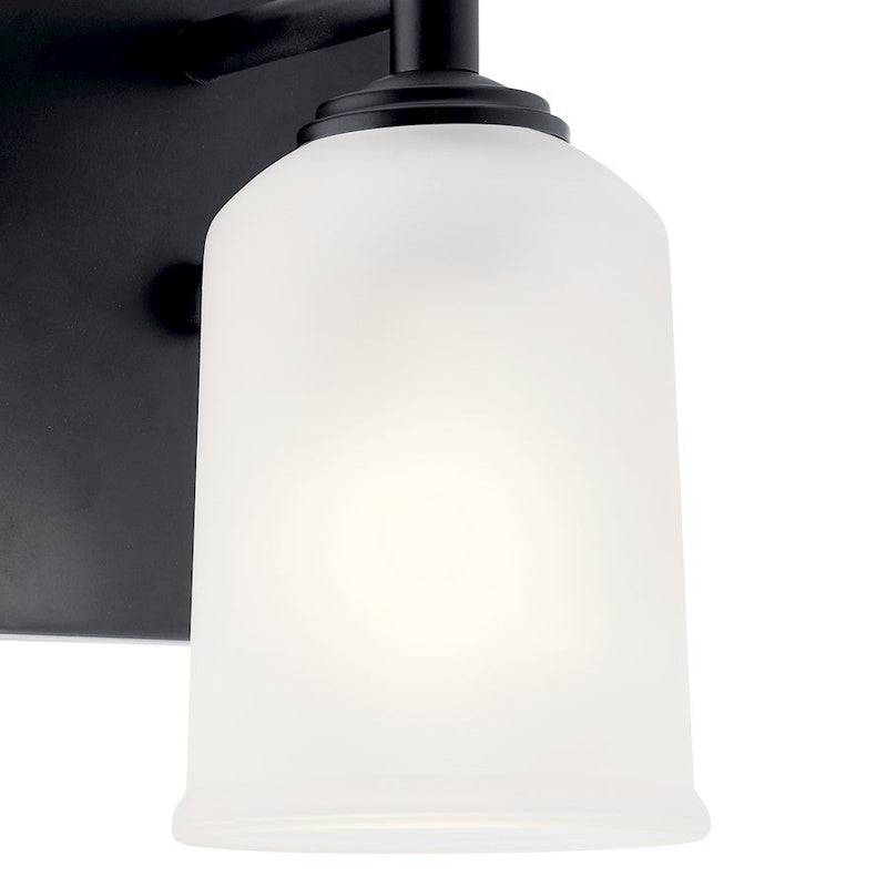Kichler Shailene 8.25in 1-Light Wall Sconce | Modern Black Steel and Satin Etched Glass | Hallway & Bedroom Accent | 5 x 6.25 x 8.25 in | Model 45572BK