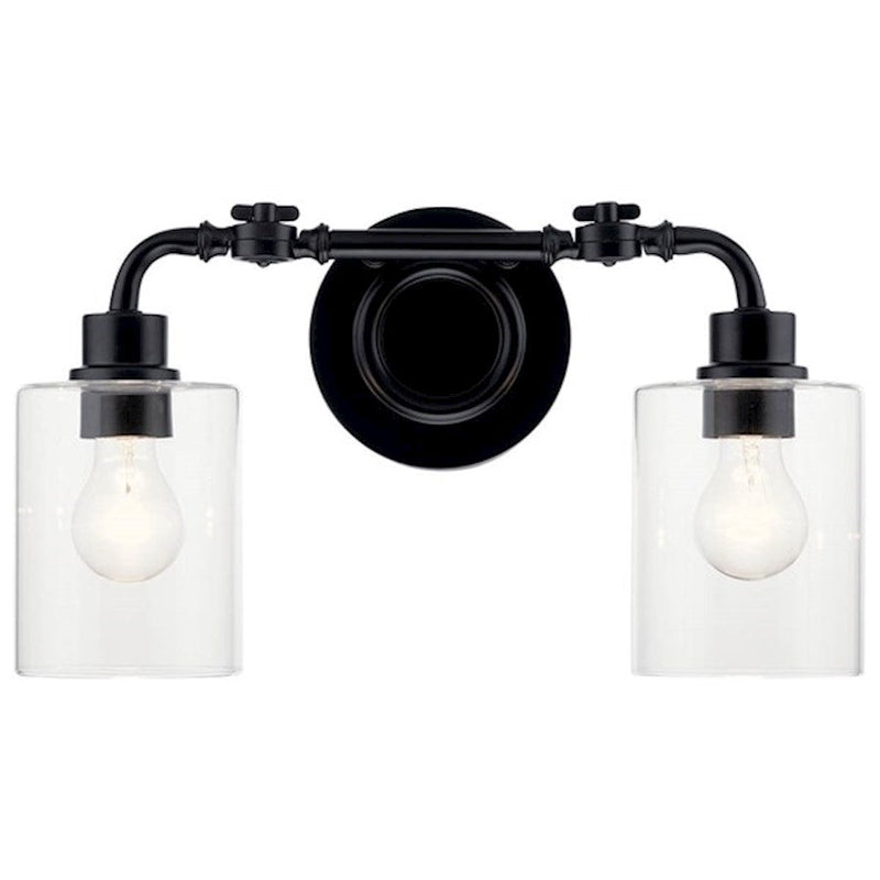 Kichler Gunnison 17in 2-Light Bath Vanity Light | Industrial Black Steel | Clear Glass | Bathroom Vanity Lighting | 2x 75W Max A19 | Model 45665BK