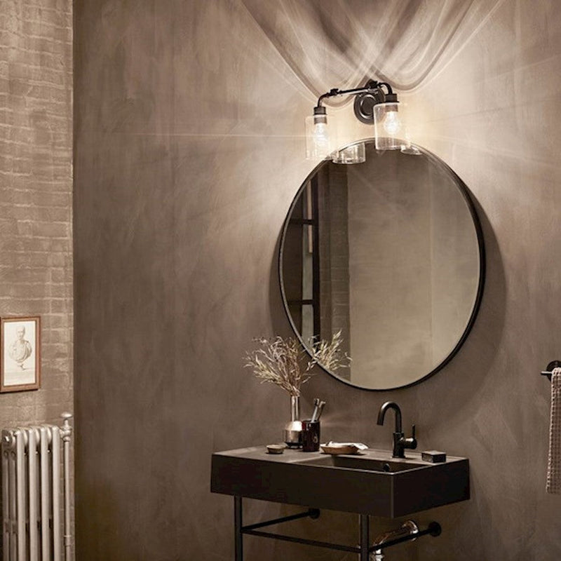 Kichler Gunnison 17in 2-Light Bath Vanity Light | Industrial Black Steel | Clear Glass | Bathroom Vanity Lighting | 2x 75W Max A19 | Model 45665BK