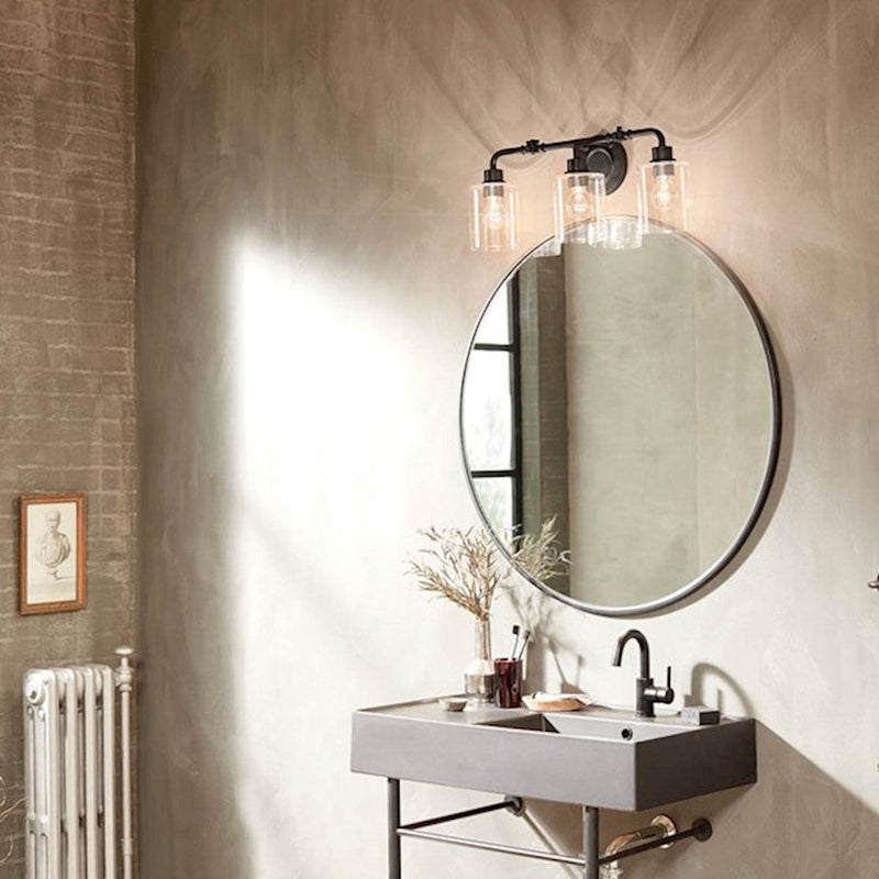 Kichler Gunnison 3-Light Bath Vanity | Industrial Black with Clear Glass | Bathroom Vanity & Makeup Area Light | 24in Wide, H 9.75in| Model 45666BK